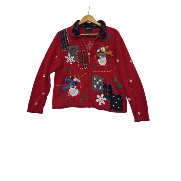 Studio Joy Vintage Red Knit Womens UGLY CHRISTMAS SWEATER full zip Size Large - Picture 1 of 9